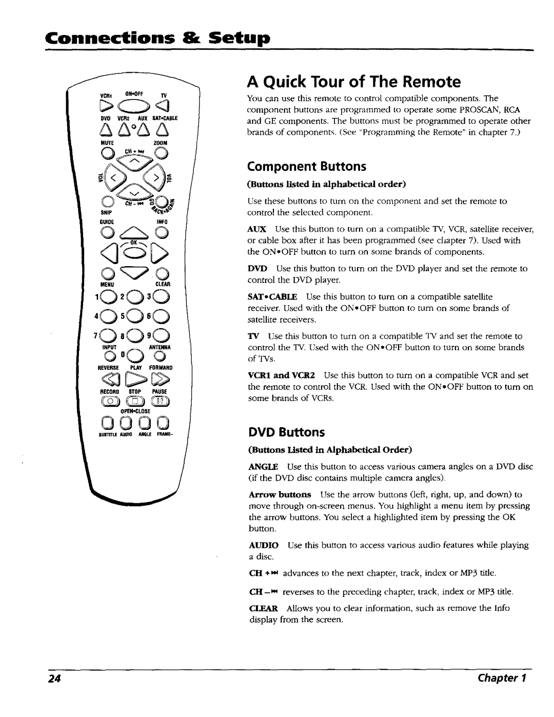 RCA RC5227P user manual Connections, Setup, Quick Tour of The Remote, Component Buttons, DVD Buttons 