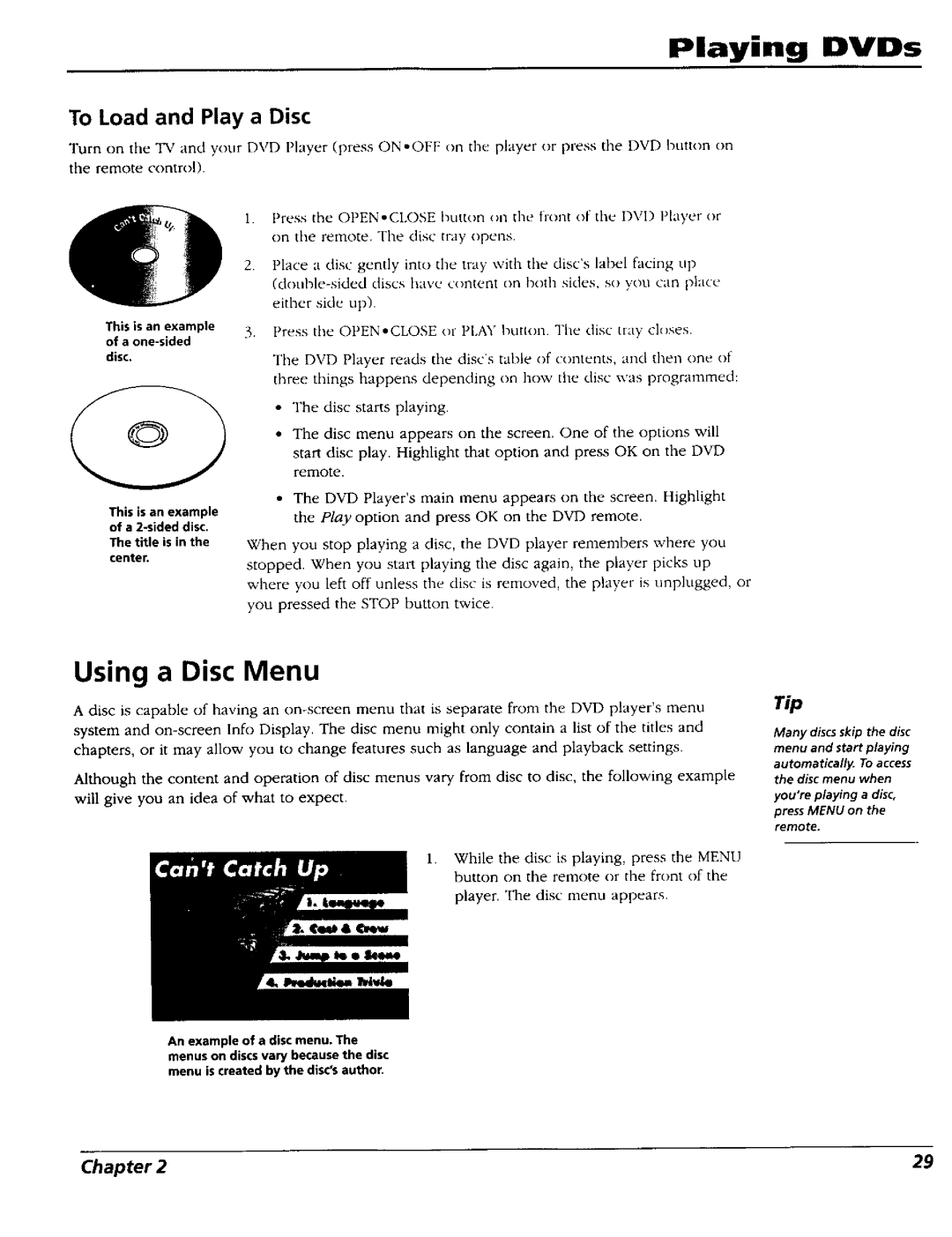 RCA RC5227P user manual Using a Disc Menu, Playing DVDs, To Load and Play a Disc 