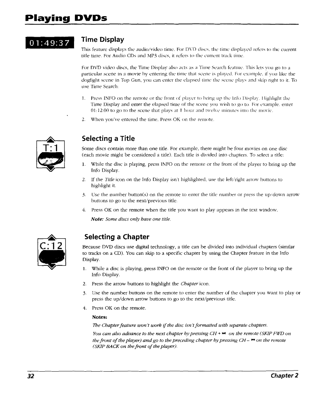 RCA RC5227P user manual Time Display, Selecting a Title, Selecting a Chapter 