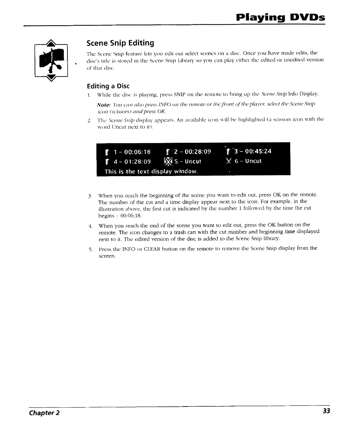 RCA RC5227P user manual Scene Snip Editing, Editing a Disc 