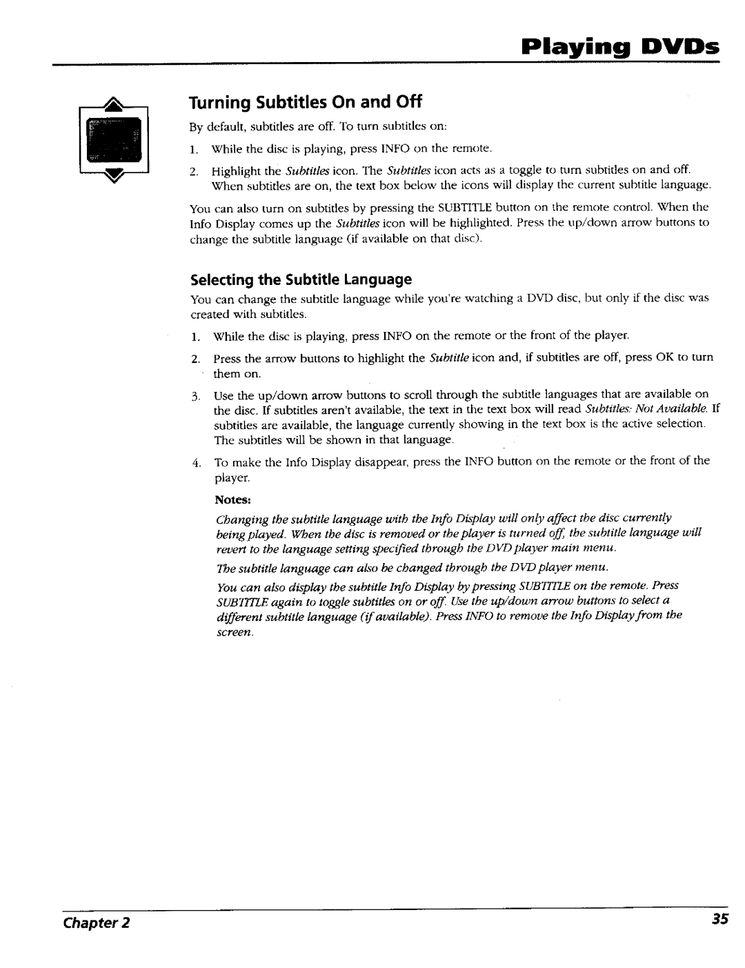 RCA RC5227P user manual Turning Subtitles On and Off, Selecting the Subtitle Language 