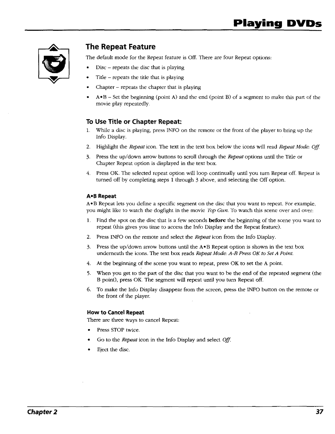 RCA RC5227P user manual Repeat Feature, To Use Title or Chapter Repeat, AoB Repeat, How to Cancel Repeat 