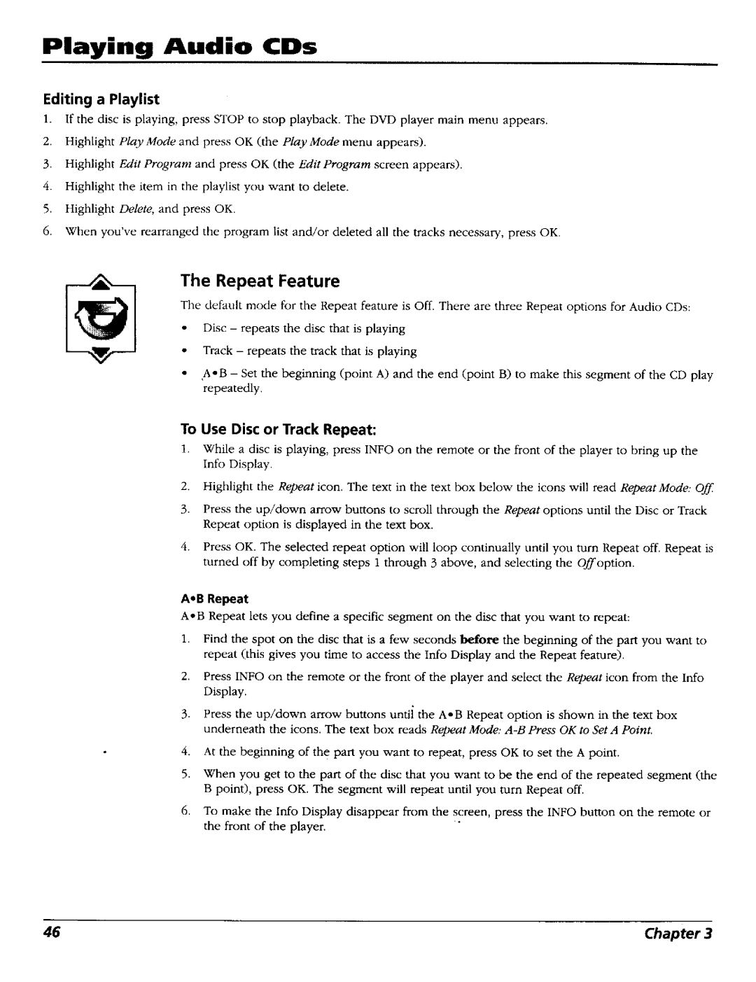 RCA RC5227P user manual Playing Audio CDs, Editing a Playlist, To Use Disc or Track Repeat 