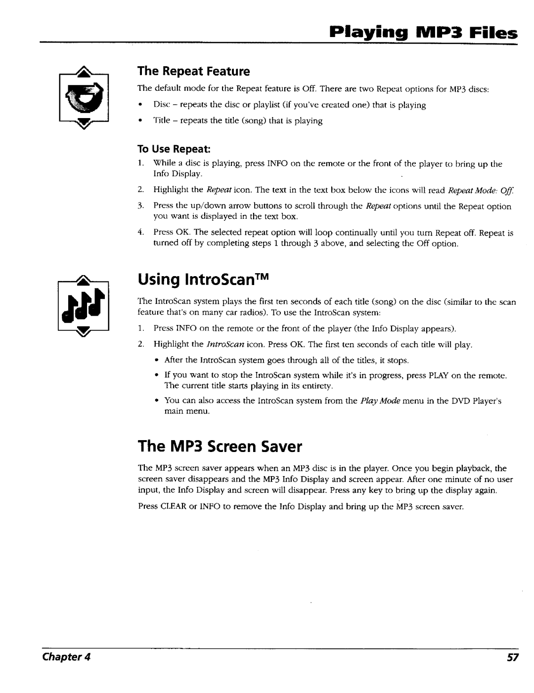 RCA RC5227P user manual Playing MP3 Files, Using IntroScan TM, MP3 Screen Saver, To Use Repeat 