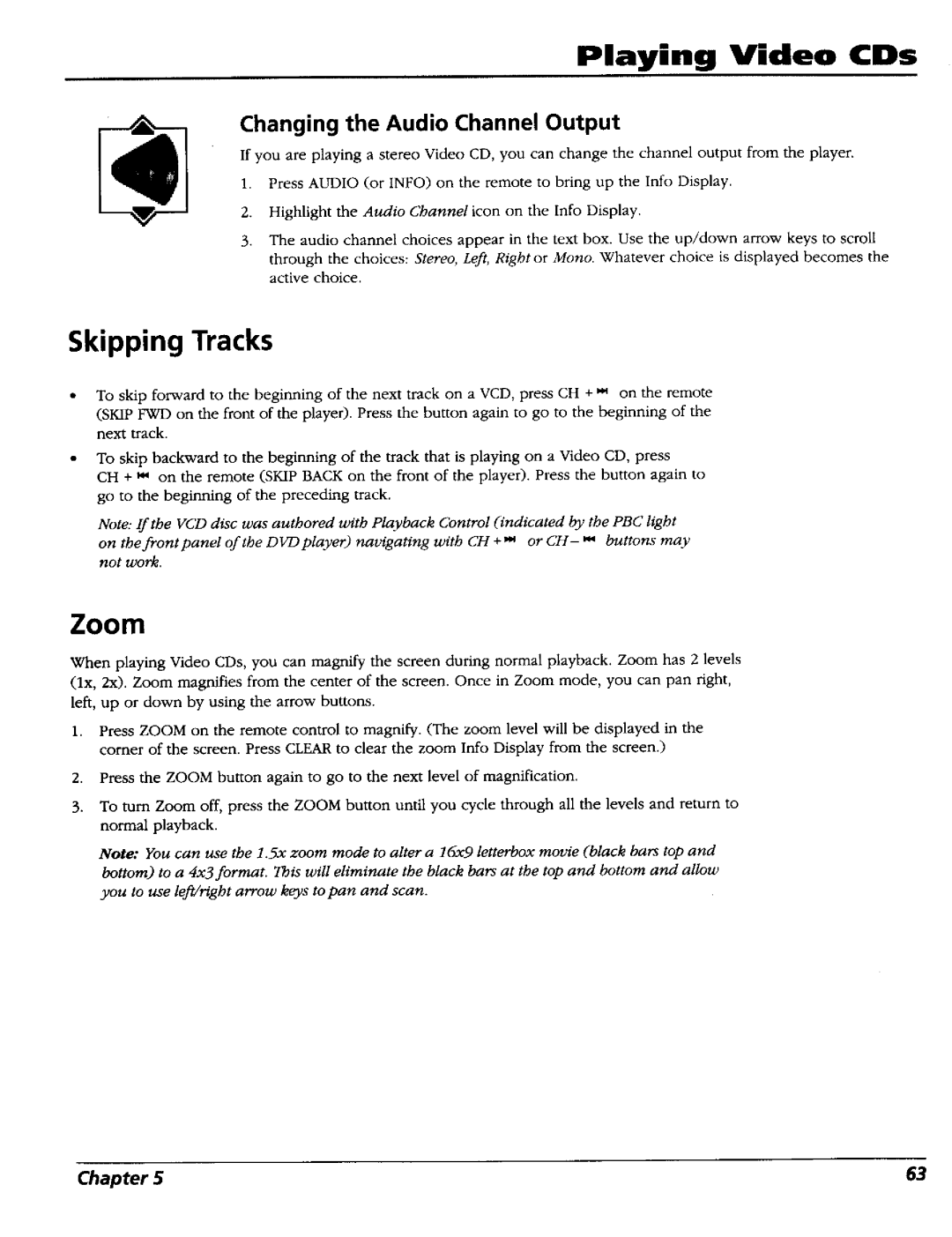 RCA RC5227P user manual Skipping Tracks, Zoom, Changing the Audio Channel Output 