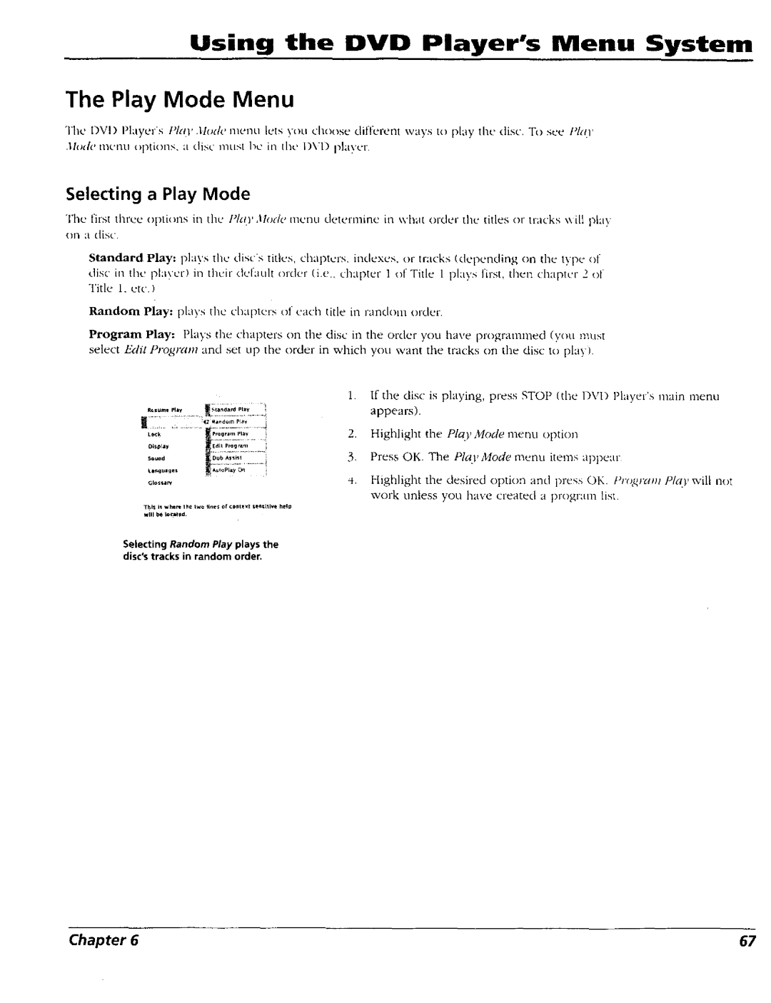 RCA RC5227P user manual Play Mode Menu, Using the DVD Players Menu System, Selecting Play Mode 