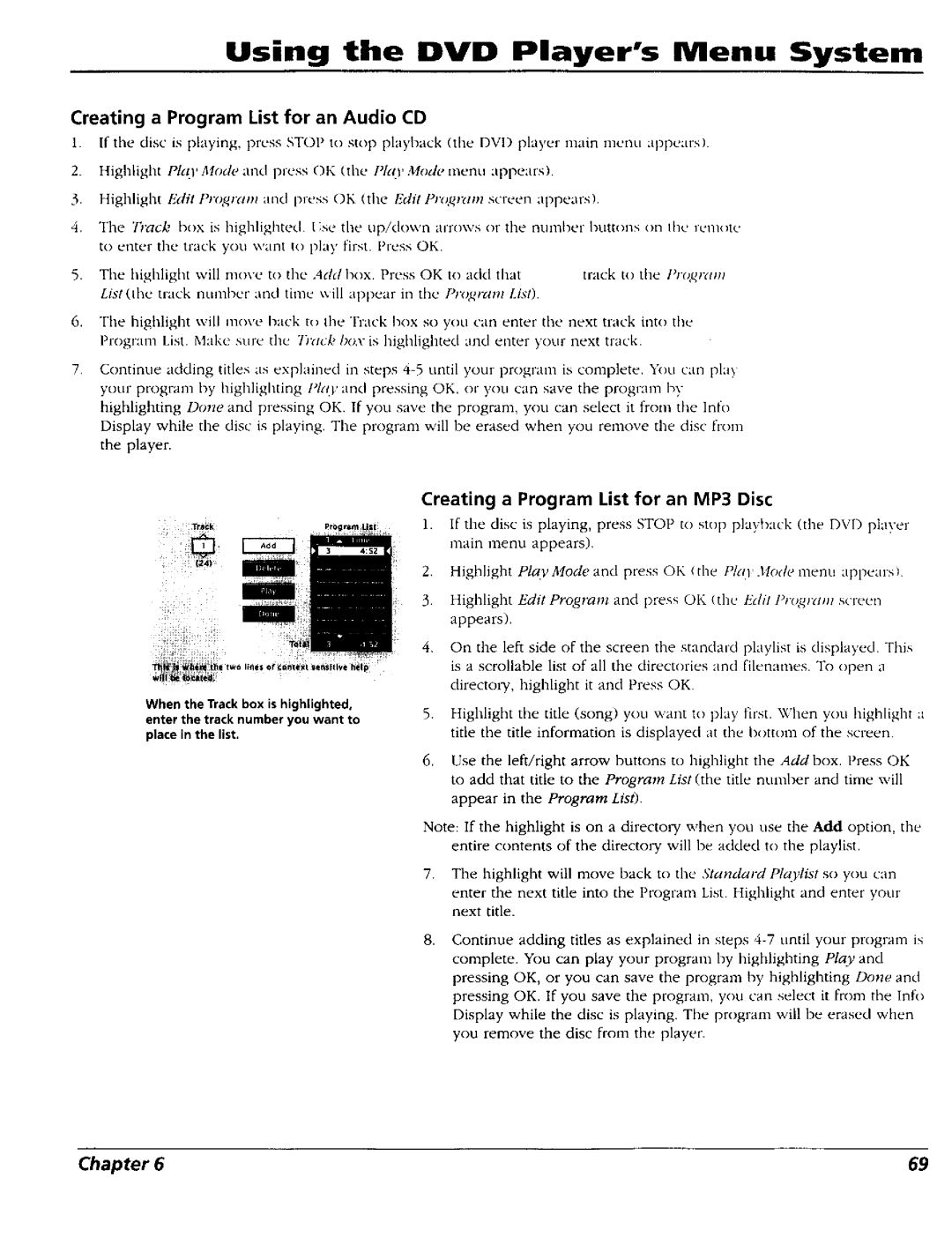 RCA RC5227P user manual Using the DVD Players Menu System, Creating a Program List for an Audio CD 