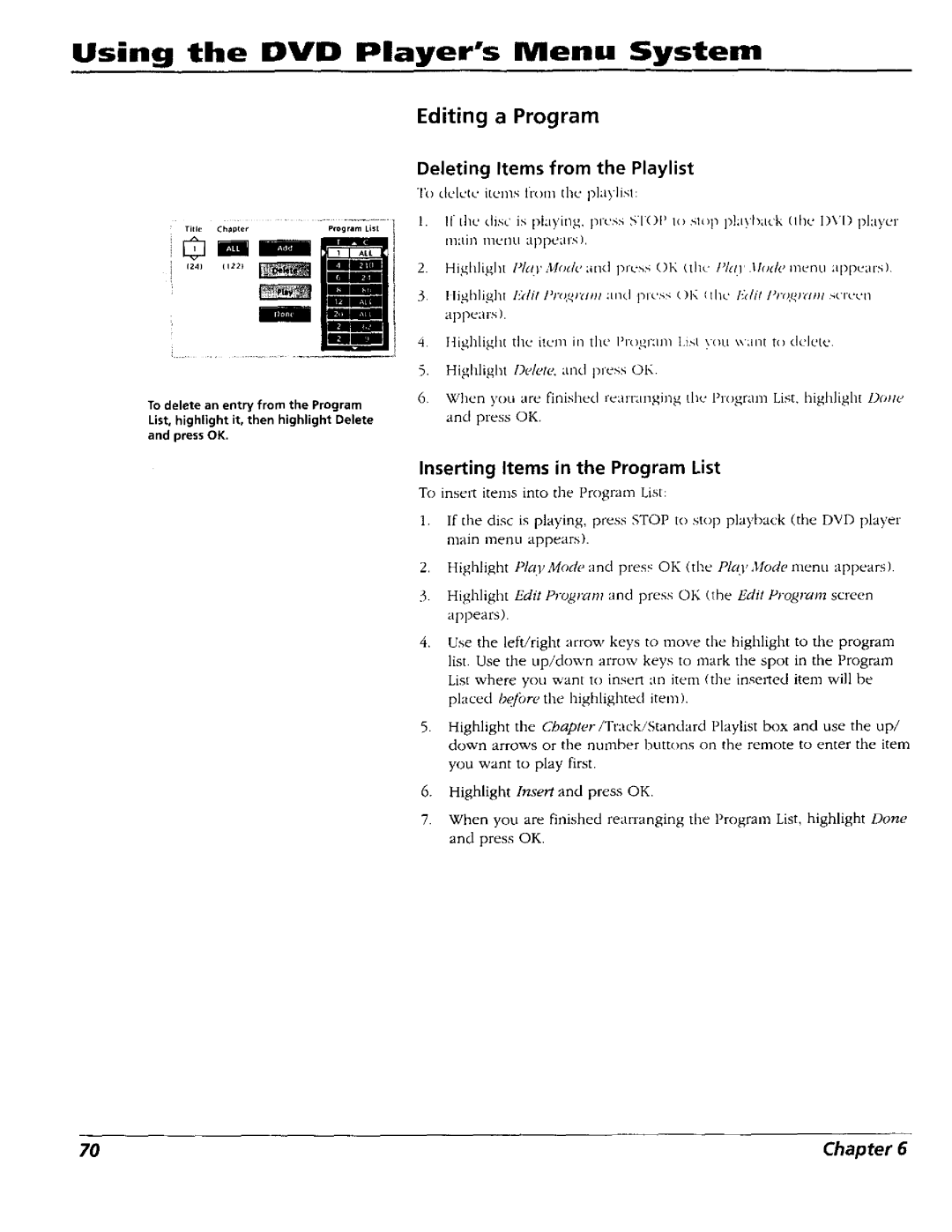 RCA RC5227P user manual Editing a Program, Inserting Items in the Program List, Deleting Items from the Playlist 