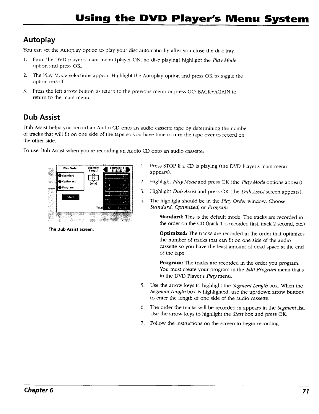 RCA RC5227P user manual Autoplay, Dub Assist 