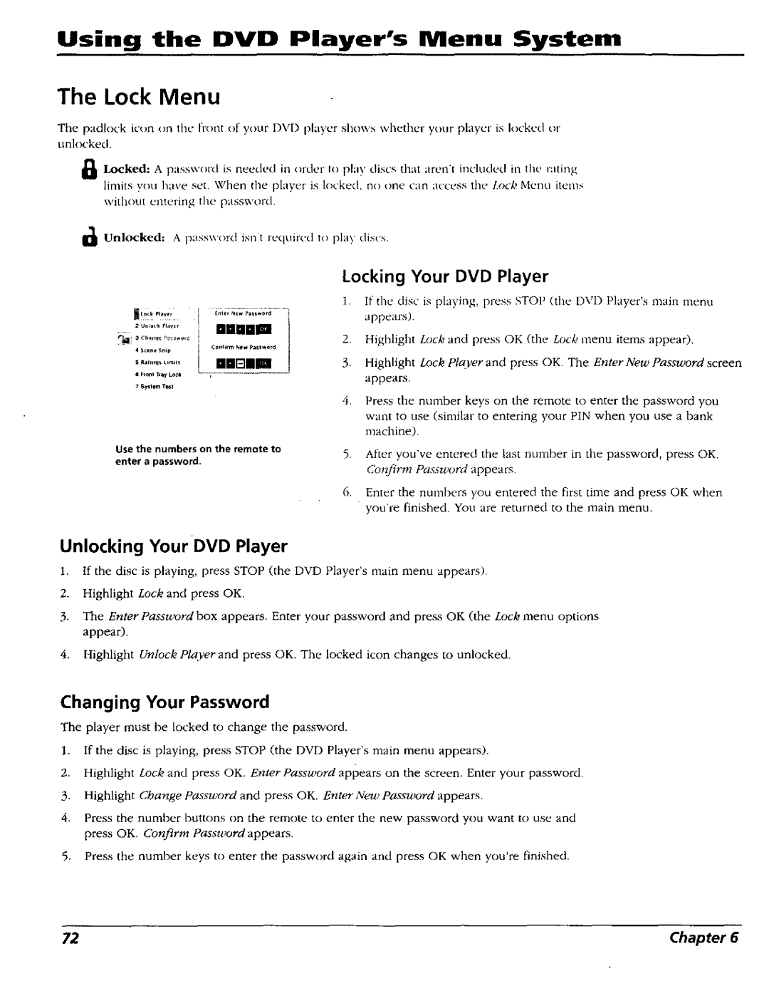 RCA RC5227P user manual Lock Menu, Unlocking Your DVD Player, Locking Your DVD Player, Changing Your Password 