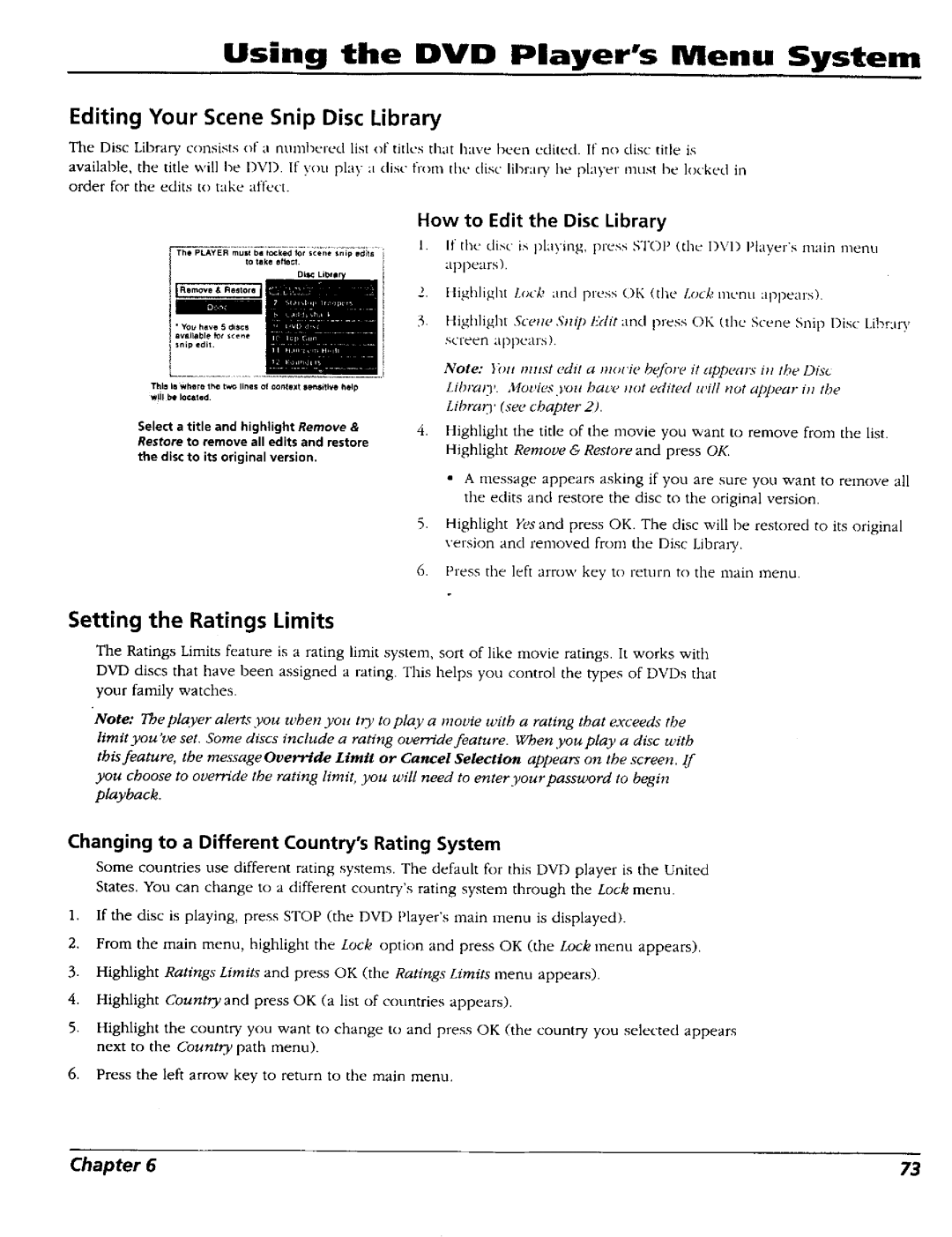 RCA RC5227P user manual Editing Your Scene Snip Disc Library, Setting the Ratings Limits, How to Edit the Disc Library 