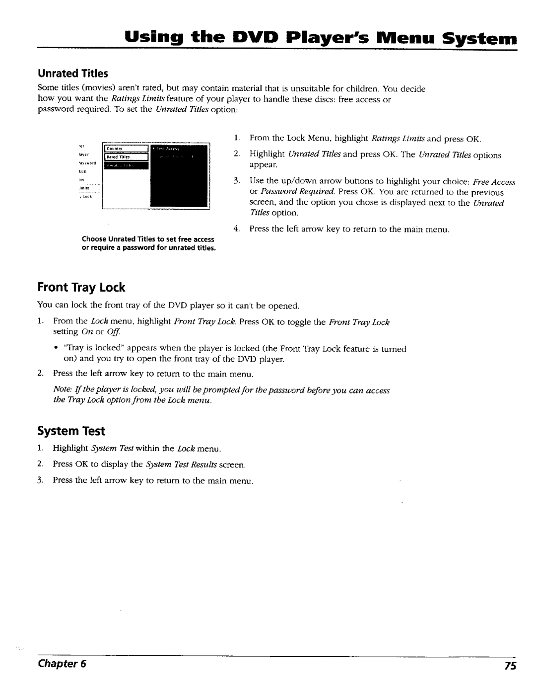 RCA RC5227P user manual Front Tray Lock, System Test, Unrated Titles 