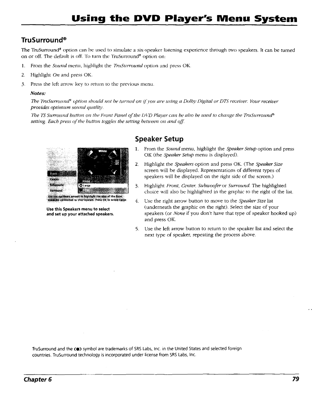 RCA RC5227P user manual TruSurround, Speaker Setup 