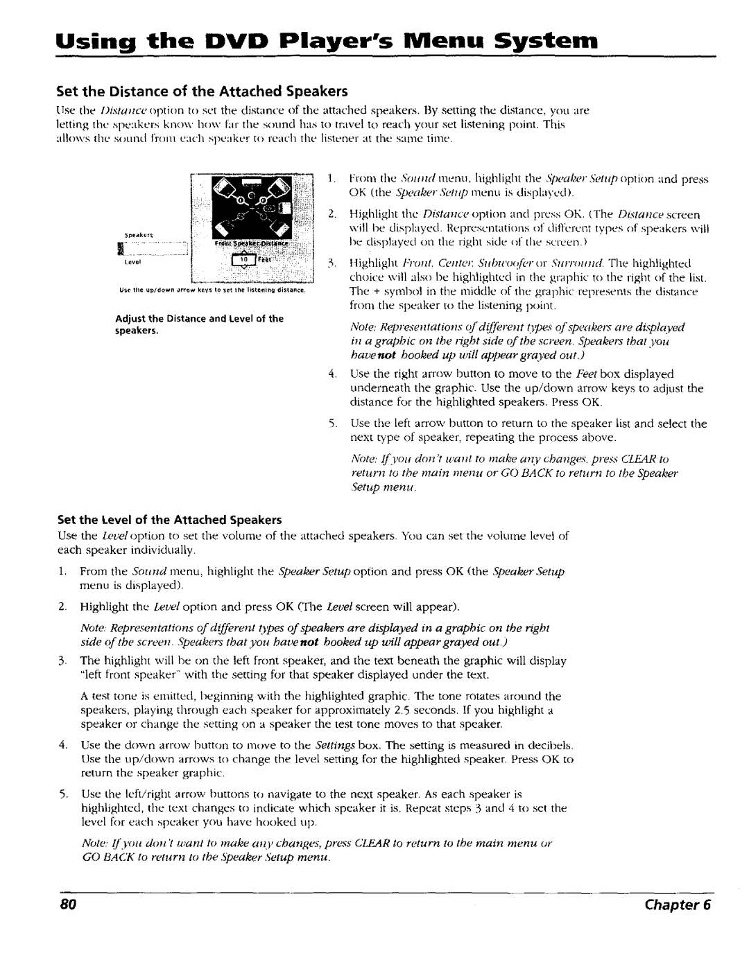 RCA RC5227P user manual Set the Distance of the Attached Speakers, Set the Level of the Attached Speakers 