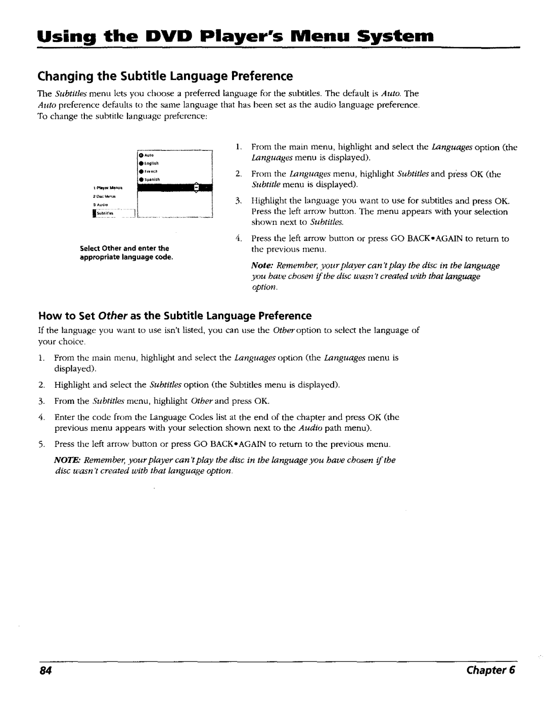 RCA RC5227P user manual Changing the Subtitle Language Preference, How to Set Other as the Subtitle Language Preference 