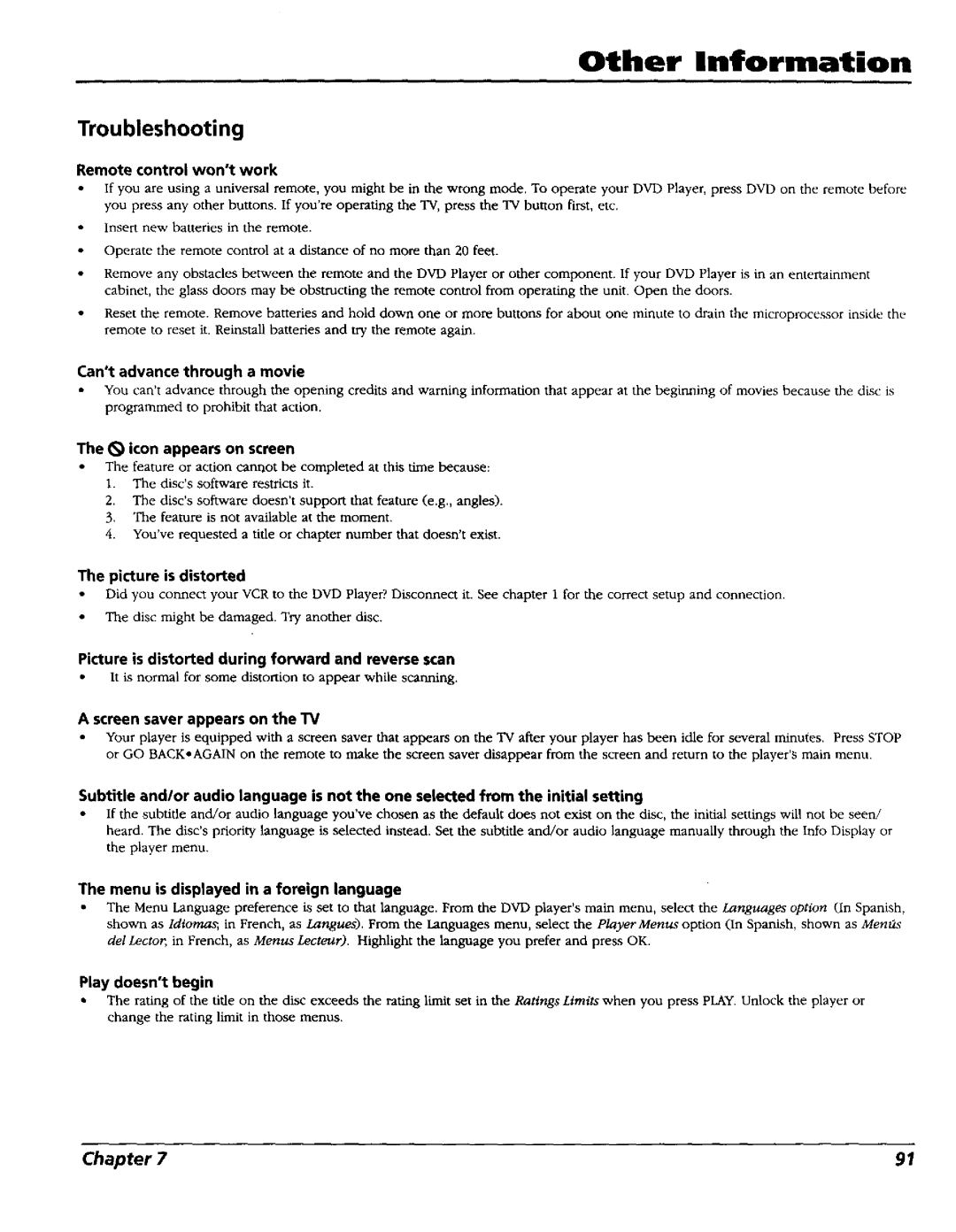 RCA RC5227P user manual Other Information, Troubleshooting 