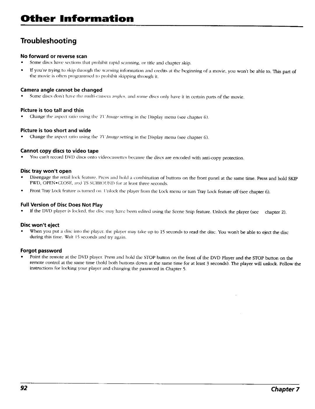 RCA RC5227P user manual Other Information, Picture is too tall and thin, Cannot copy discs to video tape 