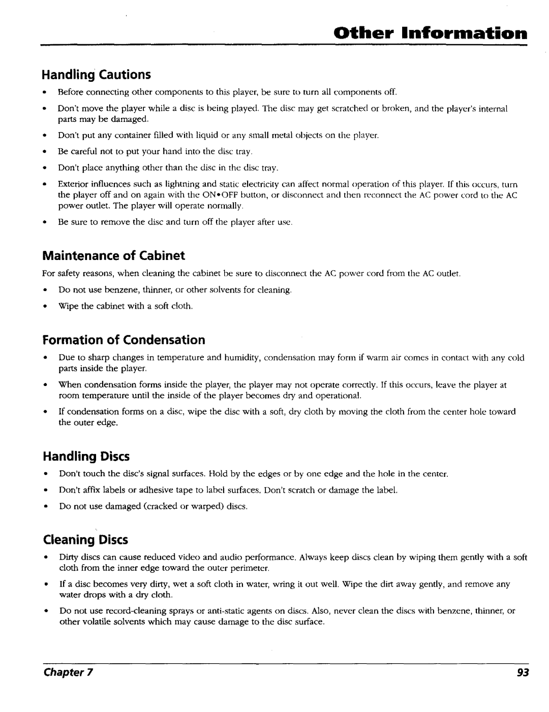 RCA RC5227P Handling Cautions, Maintenance of Cabinet, Formation of Condensation, Handling Discs, Cleaning Discs 