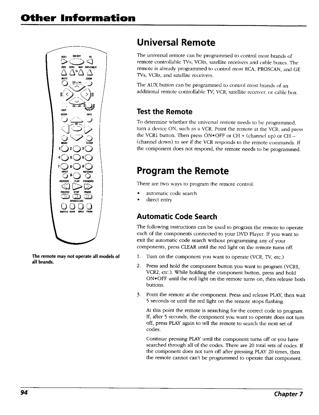 RCA RC5227P user manual Universal Remote, Program the Remote, Test the Remote, Automatic Code Search 