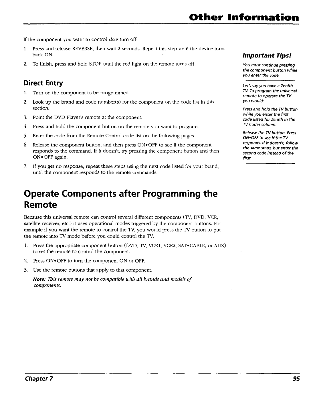 RCA RC5227P user manual Other, Information, Operate Components after Programming the Remote, Direct Entry 