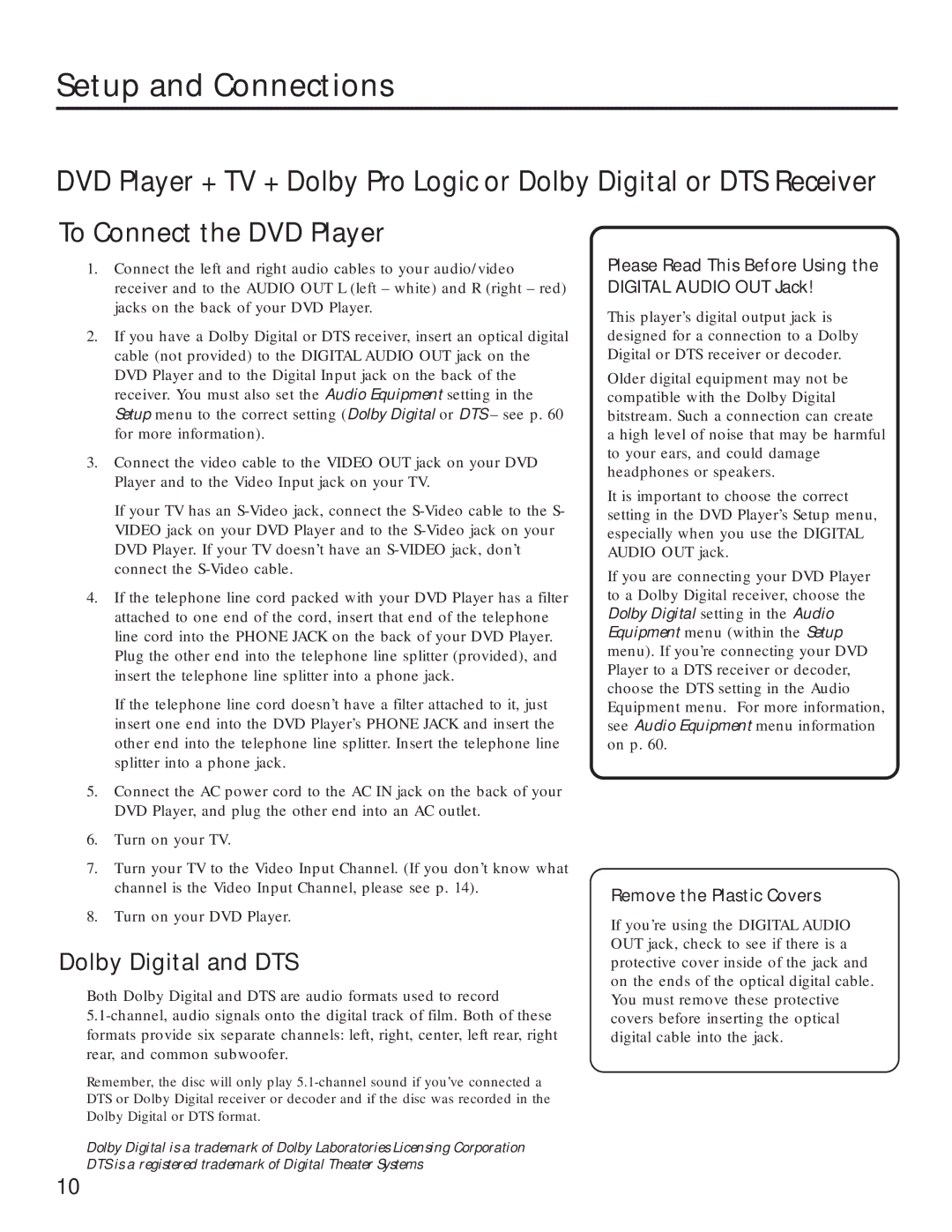 RCA RC5231Z Dolby Digital and DTS, Please Read This Before Using the Digital Audio OUT Jack, Remove the Plastic Covers 