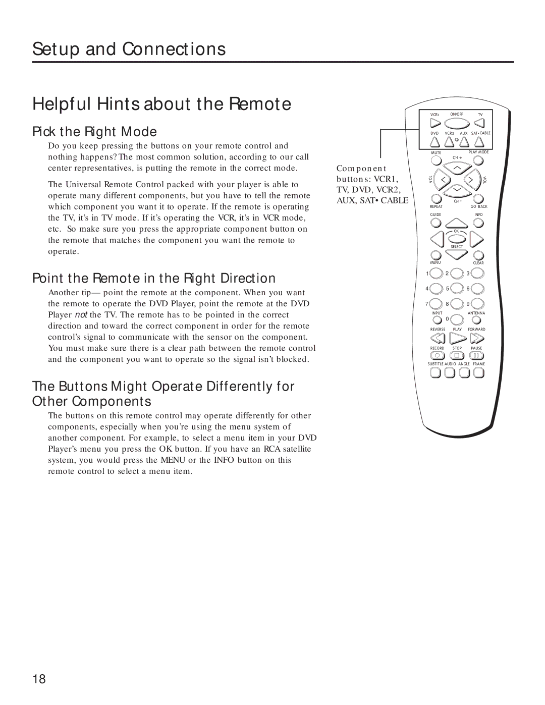 RCA RC5231Z user manual Setup and Connections Helpful Hints about the Remote, Pick the Right Mode 