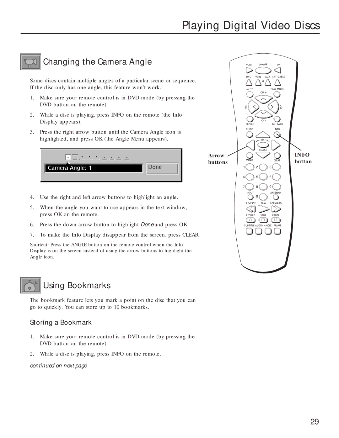 RCA RC5231Z user manual Changing the Camera Angle, Using Bookmarks, Storing a Bookmark 