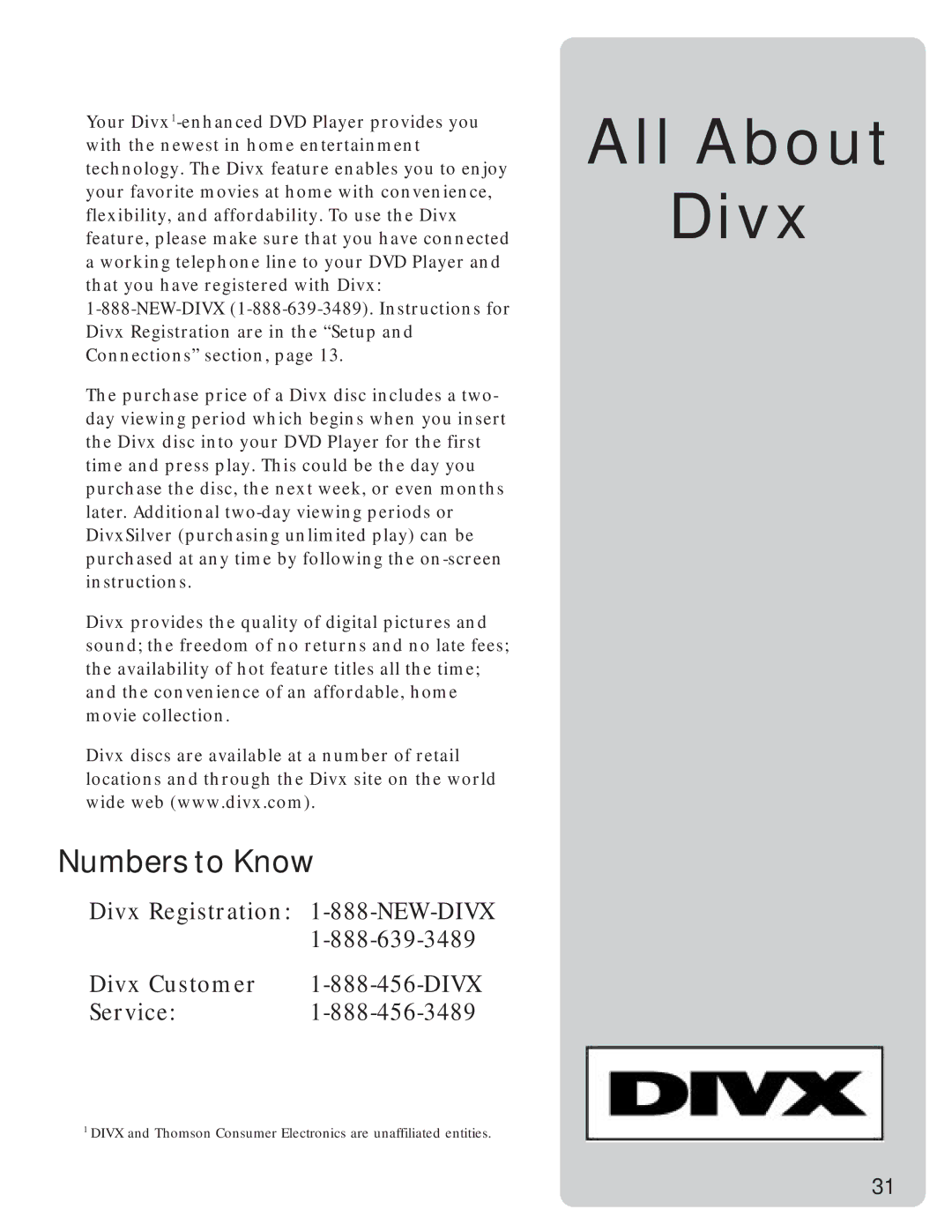 RCA RC5231Z user manual All About Divx, Numbers to Know 