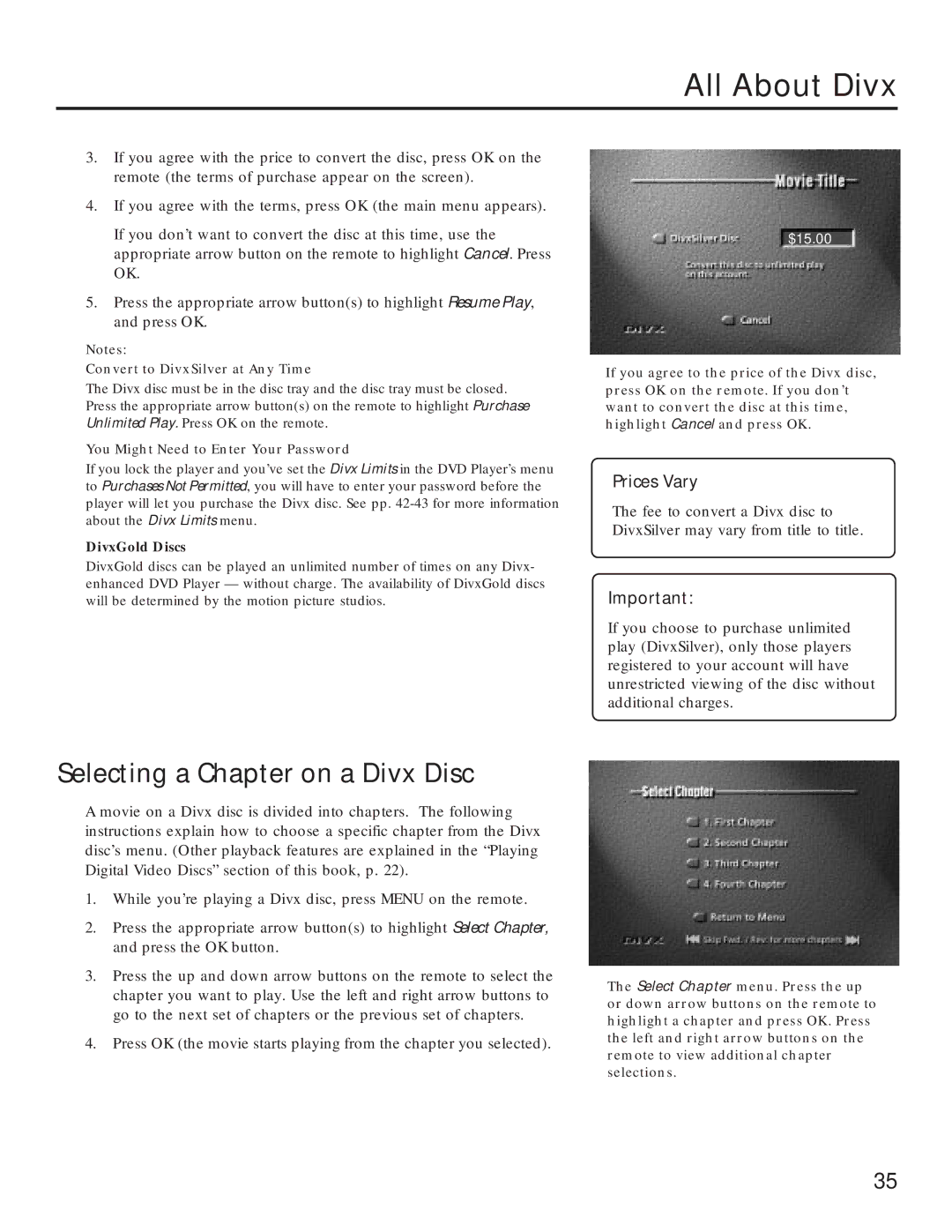 RCA RC5231Z user manual Selecting a Chapter on a Divx Disc, Prices Vary 