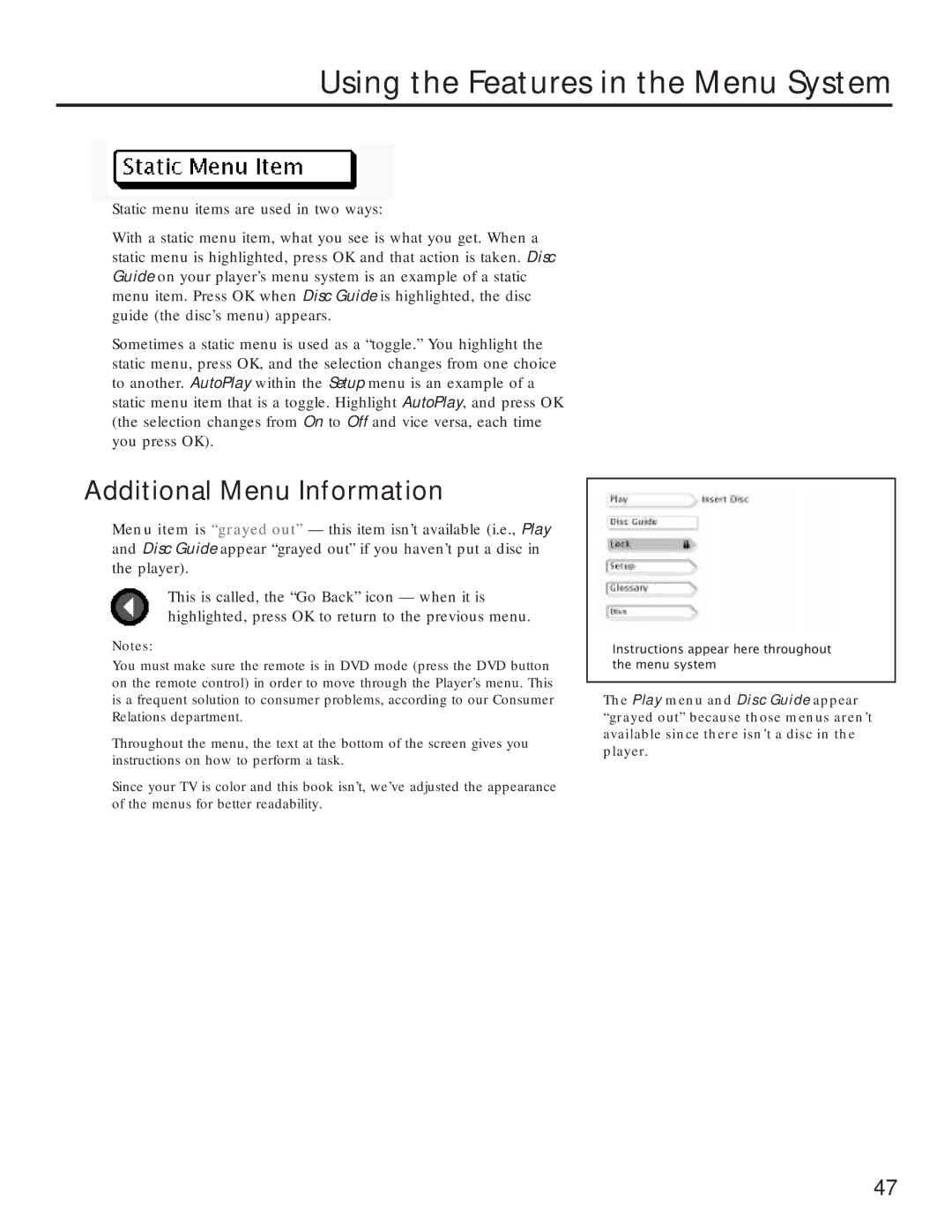 RCA RC5231Z user manual Using the Features in the Menu System, Additional Menu Information 