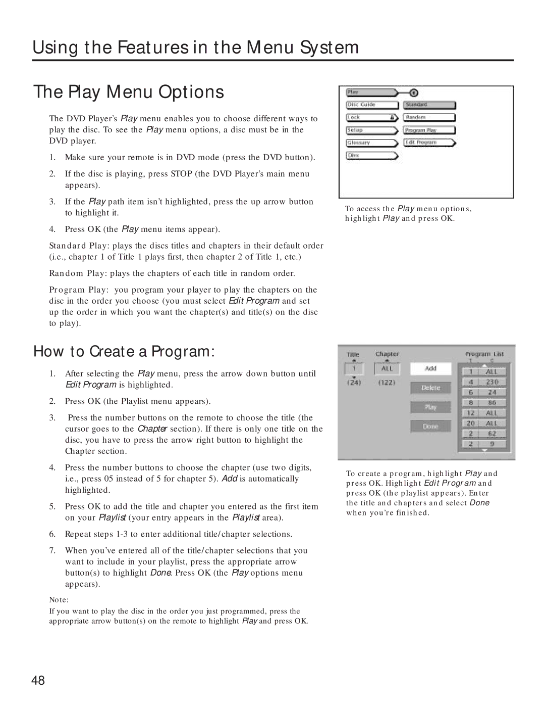 RCA RC5231Z user manual Using the Features in the Menu System Play Menu Options, How to Create a Program 