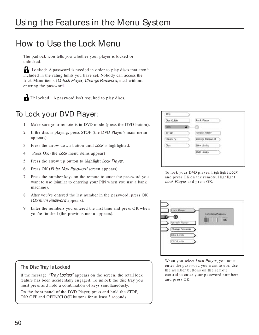 RCA RC5231Z user manual To Lock your DVD Player, Disc Tray is Locked 