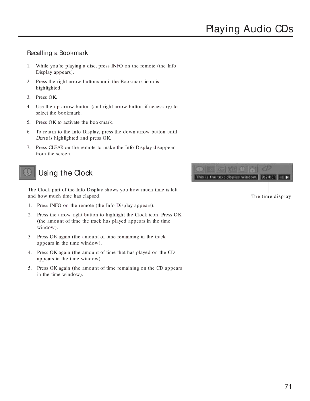 RCA RC5231Z user manual Using the Clock, Recalling a Bookmark 