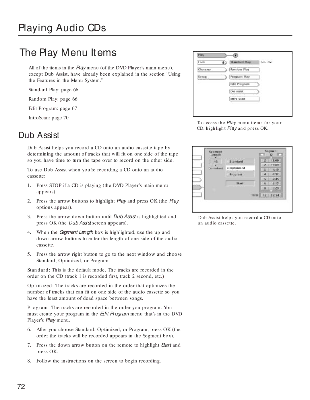 RCA RC5231Z user manual Playing Audio CDs Play Menu Items, Dub Assist 