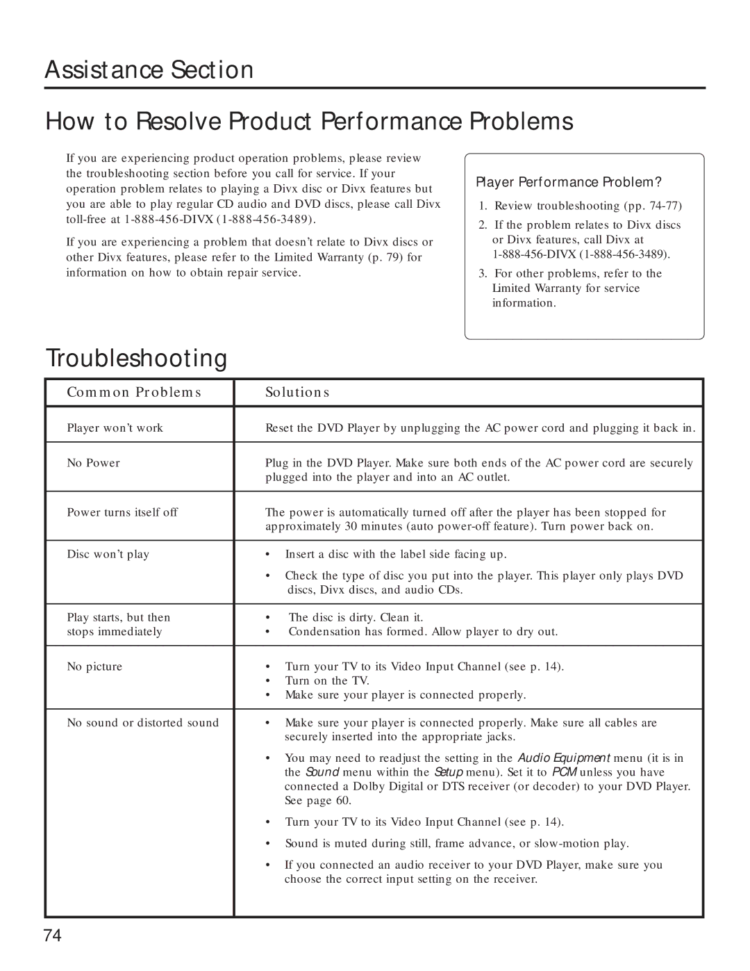 RCA RC5231Z user manual Troubleshooting, Player Performance Problem? 