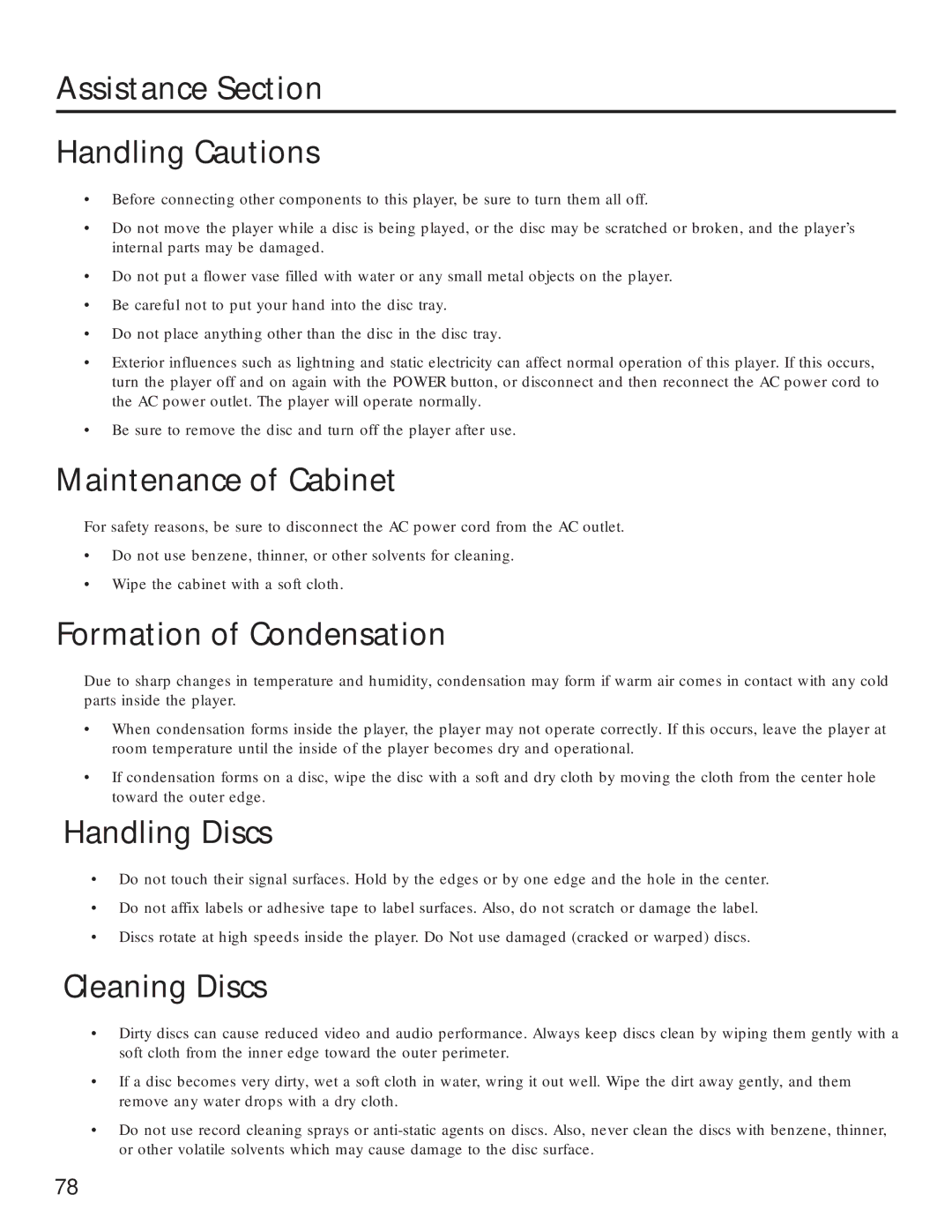 RCA RC5231Z Assistance Section Handling Cautions, Maintenance of Cabinet, Formation of Condensation, Handling Discs 