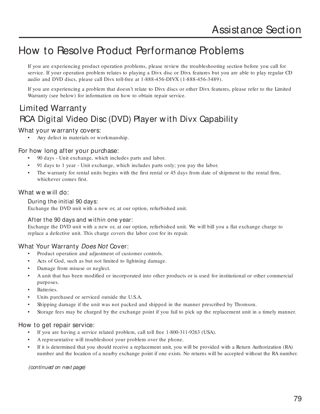 RCA RC5231Z What your warranty covers, For how long after your purchase, What we will do, How to get repair service 