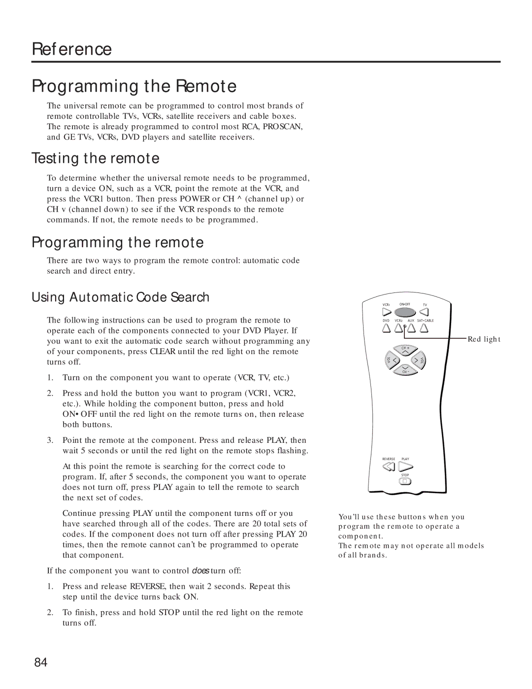 RCA RC5231Z Reference Programming the Remote, Testing the remote, Programming the remote, Using Automatic Code Search 