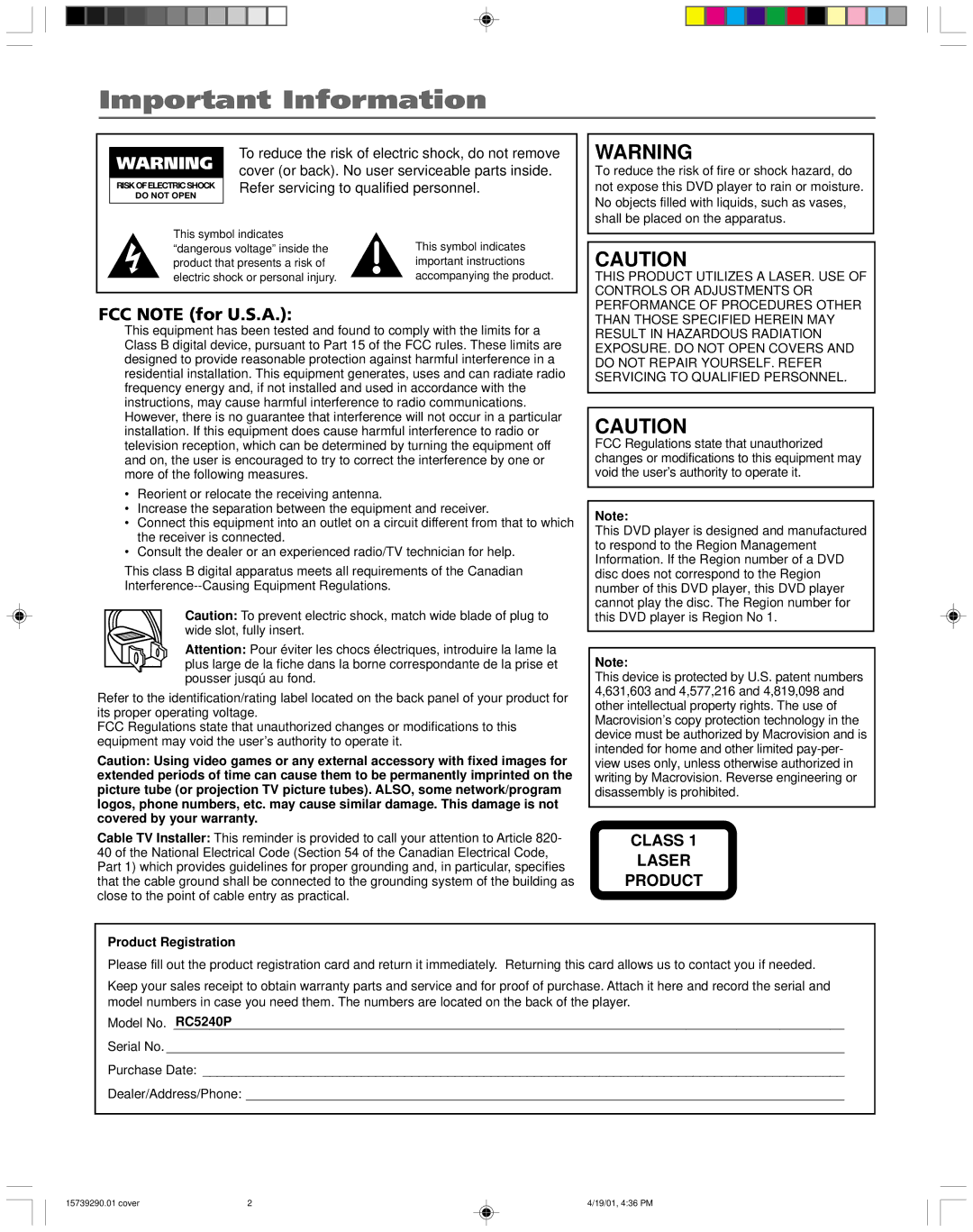 RCA RC5240P user manual Important Information, FCC Note for U.S.A 