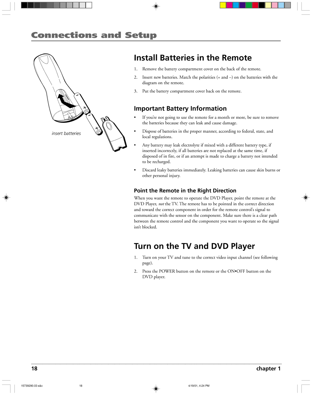 RCA RC5240P user manual Install Batteries in the Remote, Turn on the TV and DVD Player, Important Battery Information 