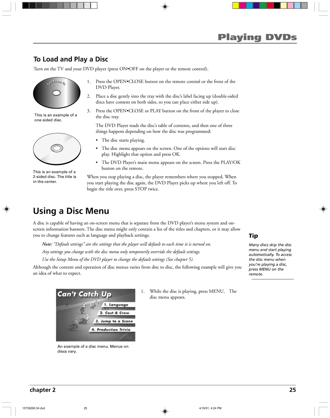 RCA RC5240P user manual Using a Disc Menu, To Load and Play a Disc, Tip 