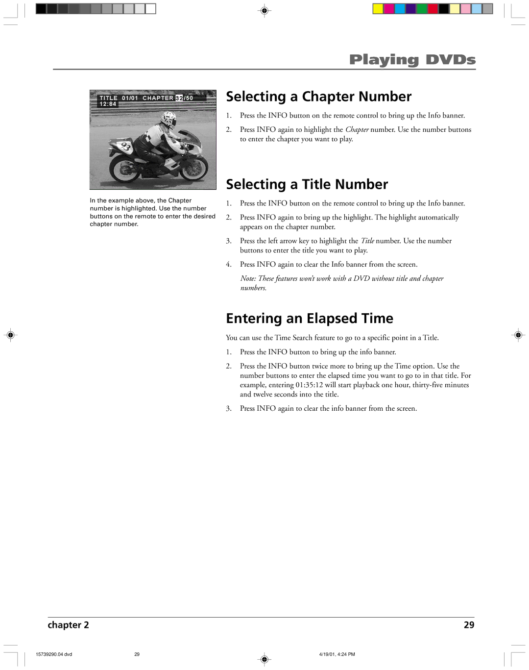 RCA RC5240P user manual Selecting a Chapter Number, Selecting a Title Number, Entering an Elapsed Time 