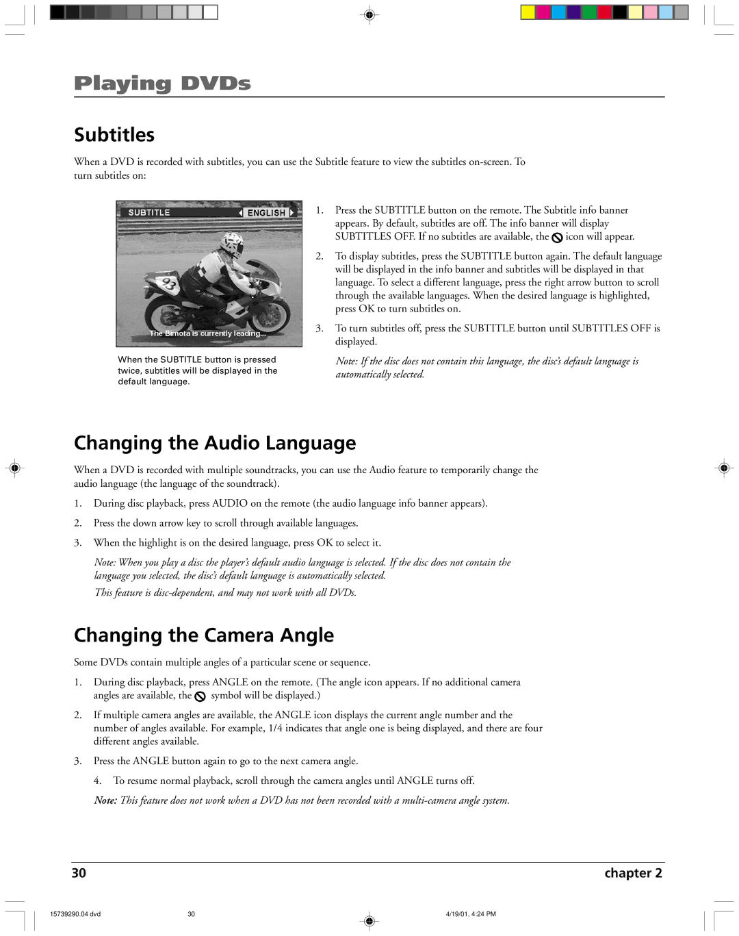 RCA RC5240P user manual Subtitles, Changing the Audio Language, Changing the Camera Angle 