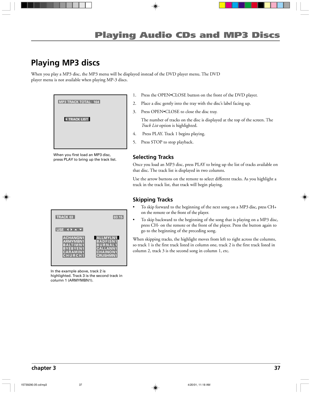 RCA RC5240P user manual Playing MP3 discs, Selecting Tracks, Skipping Tracks 