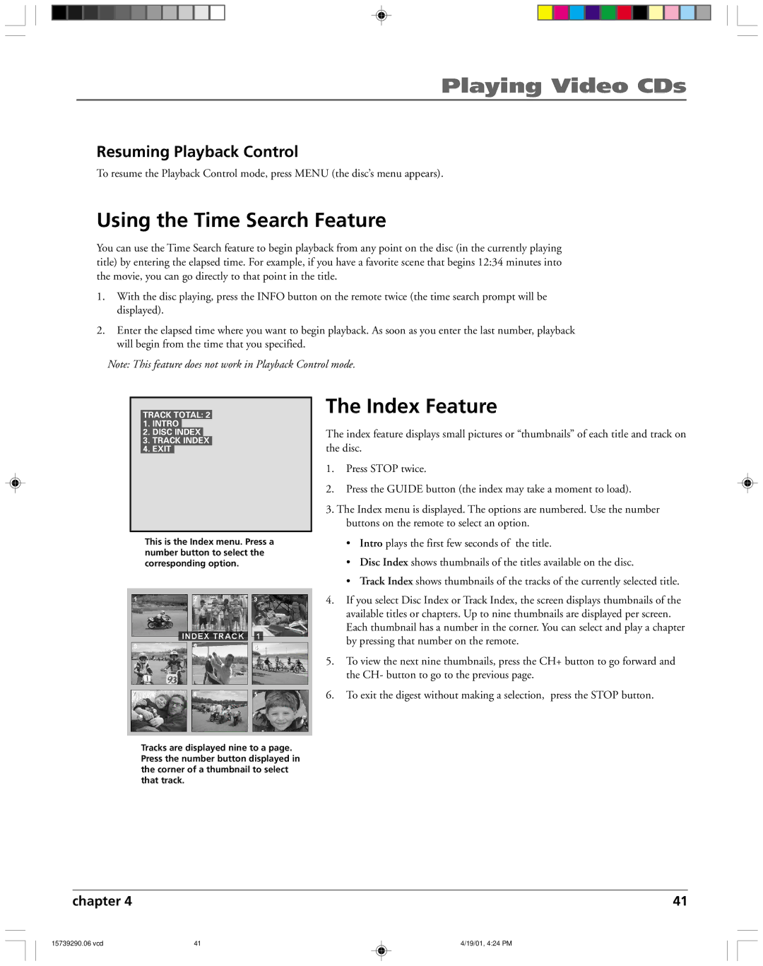 RCA RC5240P user manual Using the Time Search Feature, Index Feature, Resuming Playback Control 