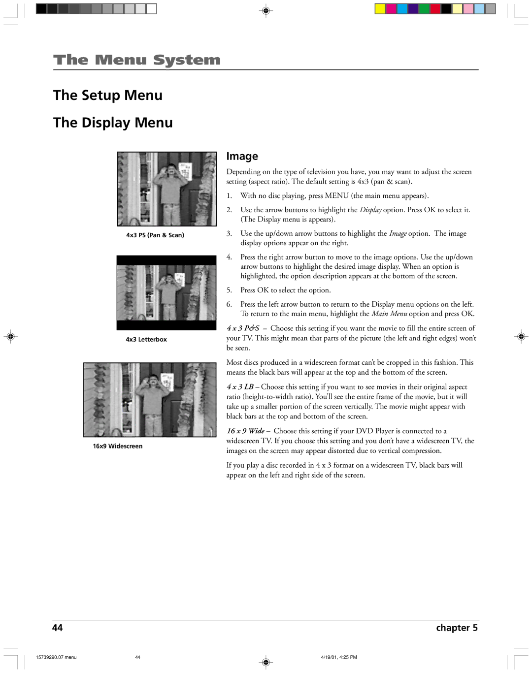 RCA RC5240P user manual Menu System, Setup Menu The Display Menu, Image 