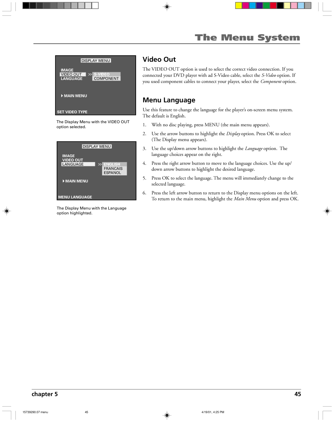 RCA RC5240P user manual Video Out, Menu Language 