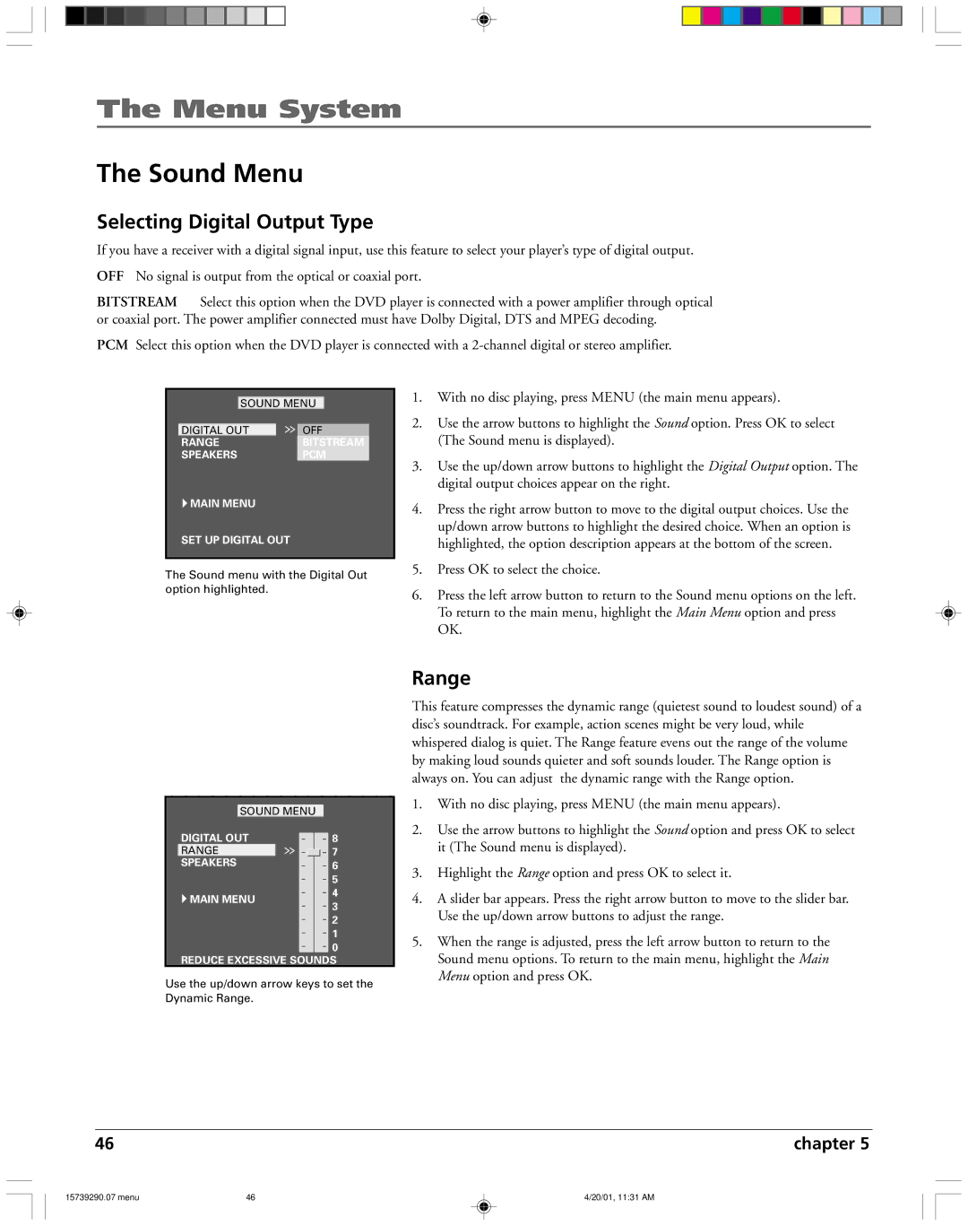 RCA RC5240P user manual Sound Menu, Selecting Digital Output Type, Range 