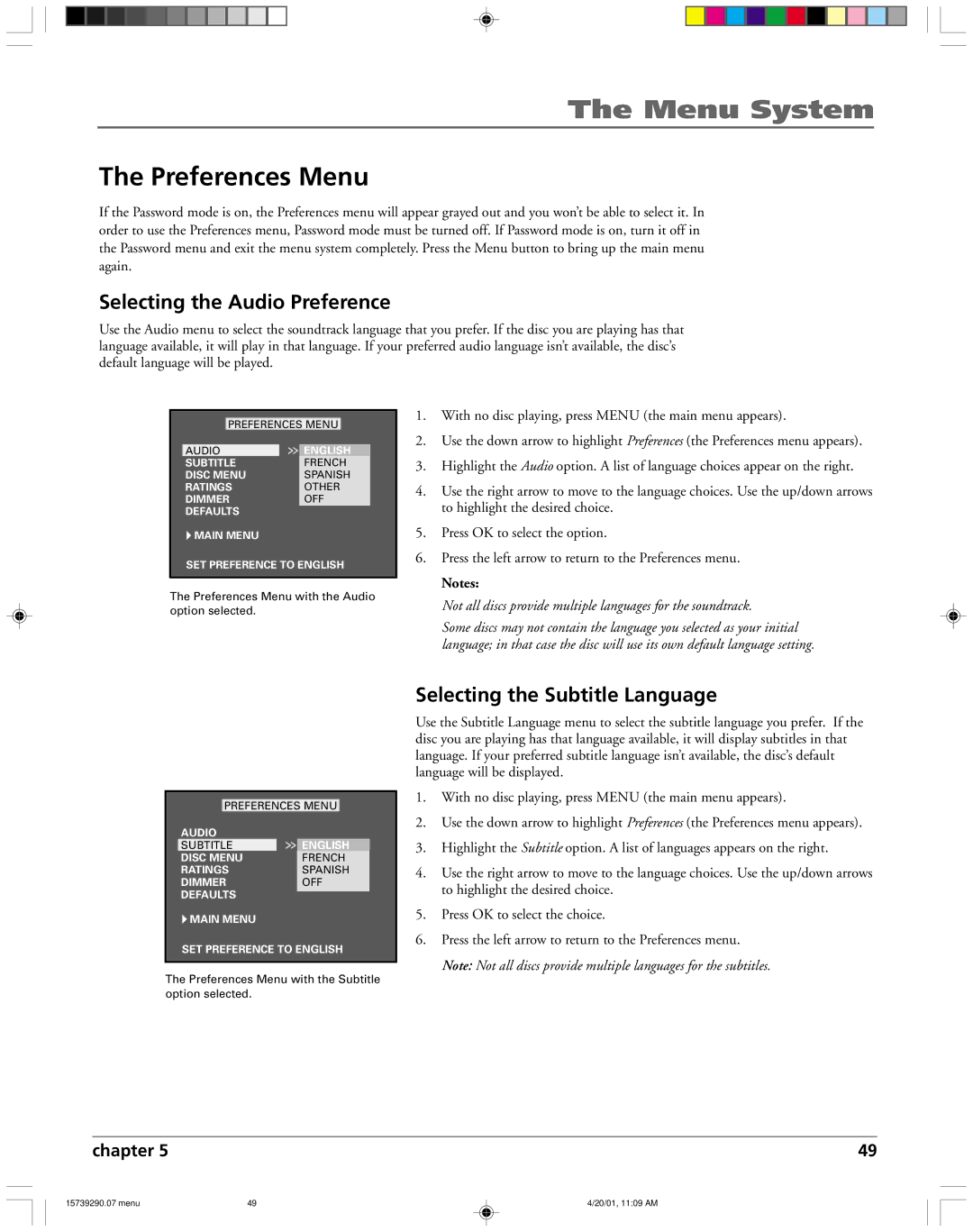 RCA RC5240P user manual Preferences Menu, Selecting the Audio Preference, Selecting the Subtitle Language 