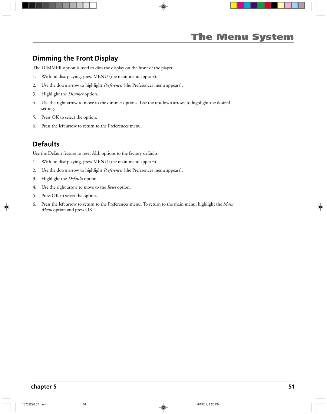 RCA RC5240P user manual Dimming the Front Display, Defaults 